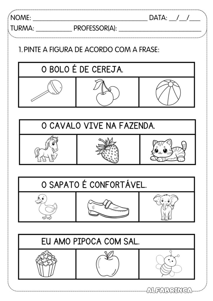 Ler frases - Ler e pintar - Atividade de leitura para imprimir