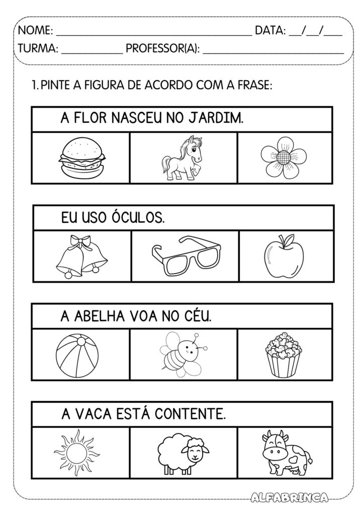 Ler frases - Ler e pintar - Atividade de leitura para imprimir