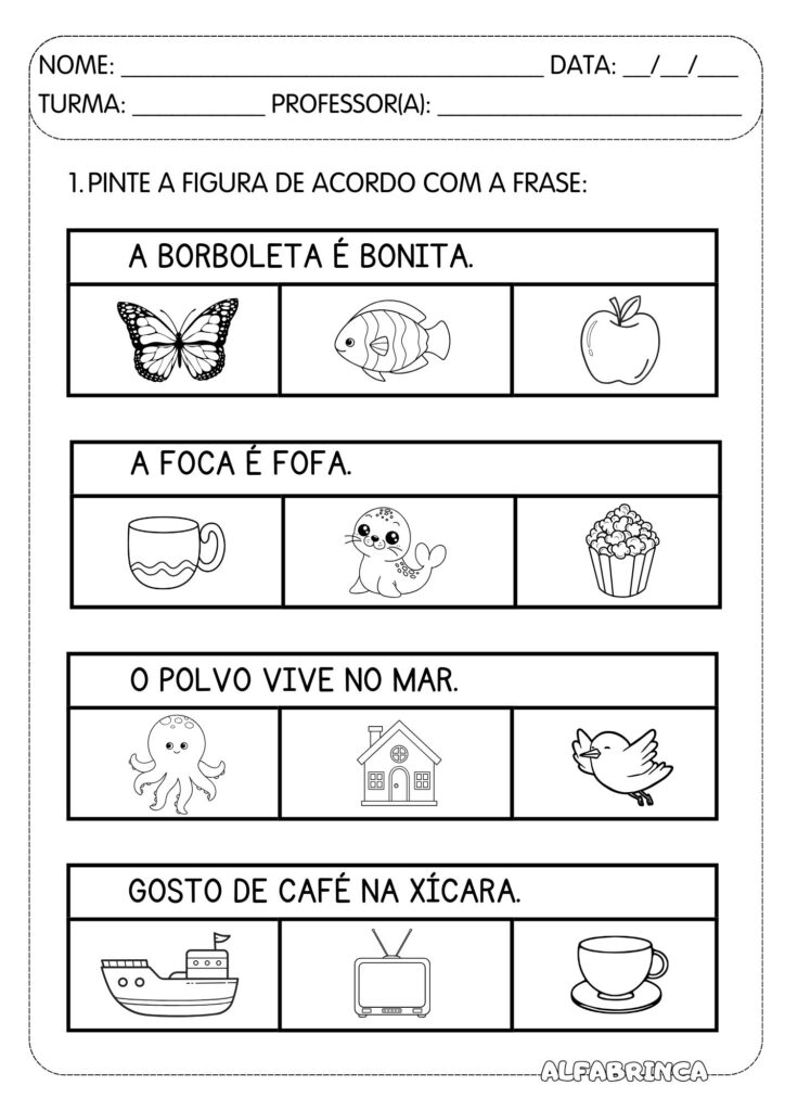 Ler frases - Ler e pintar - Atividade de leitura para imprimir