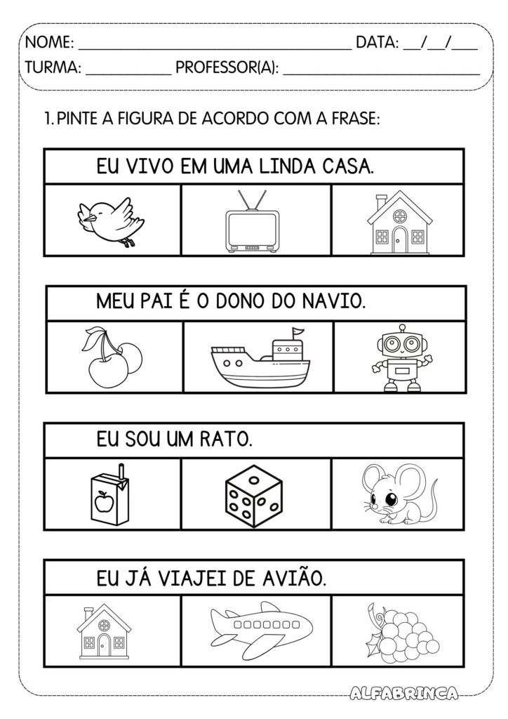 Ler frases - Ler e pintar - Atividade de leitura para imprimir