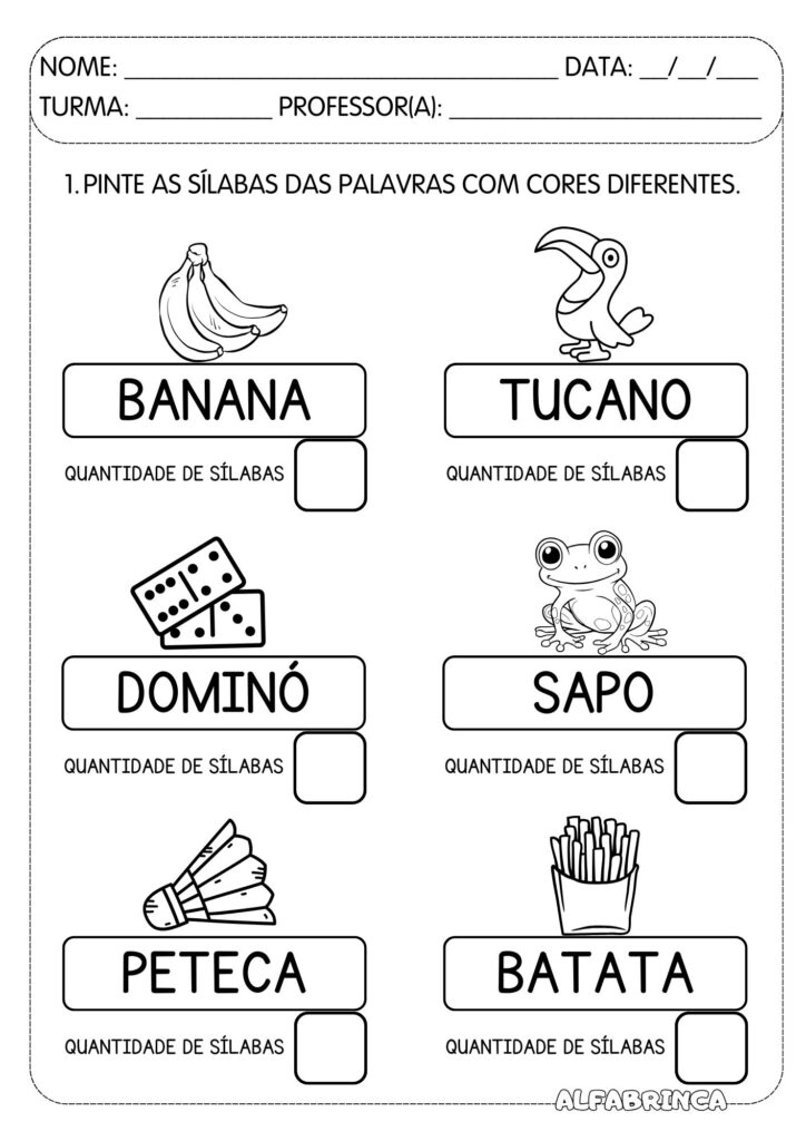 Pintar sílabas - Consciência silábica - Atividades para imprimir