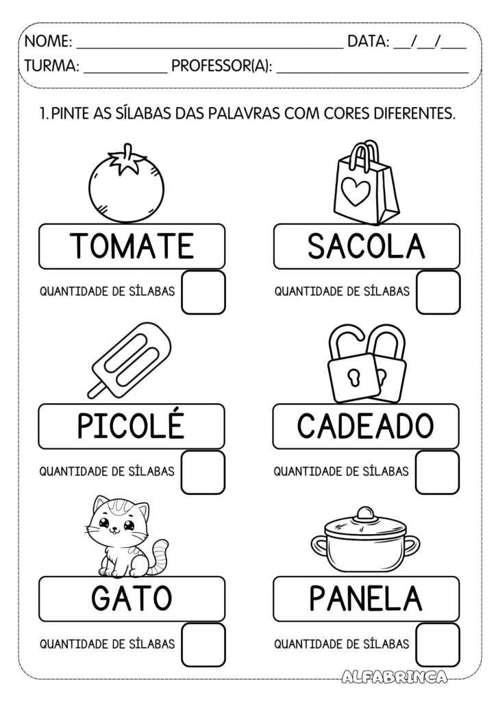 Pintar sílabas - Consciência silábica - Atividades para imprimir