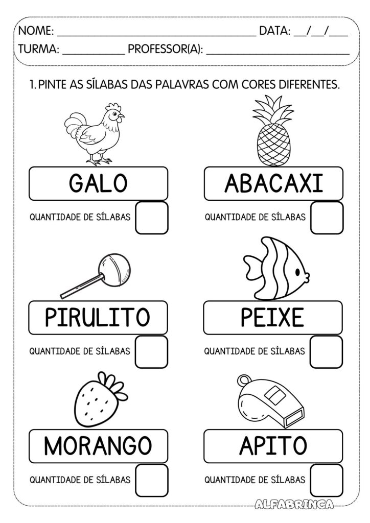 Pintar sílabas - Consciência silábica - Atividades para imprimir