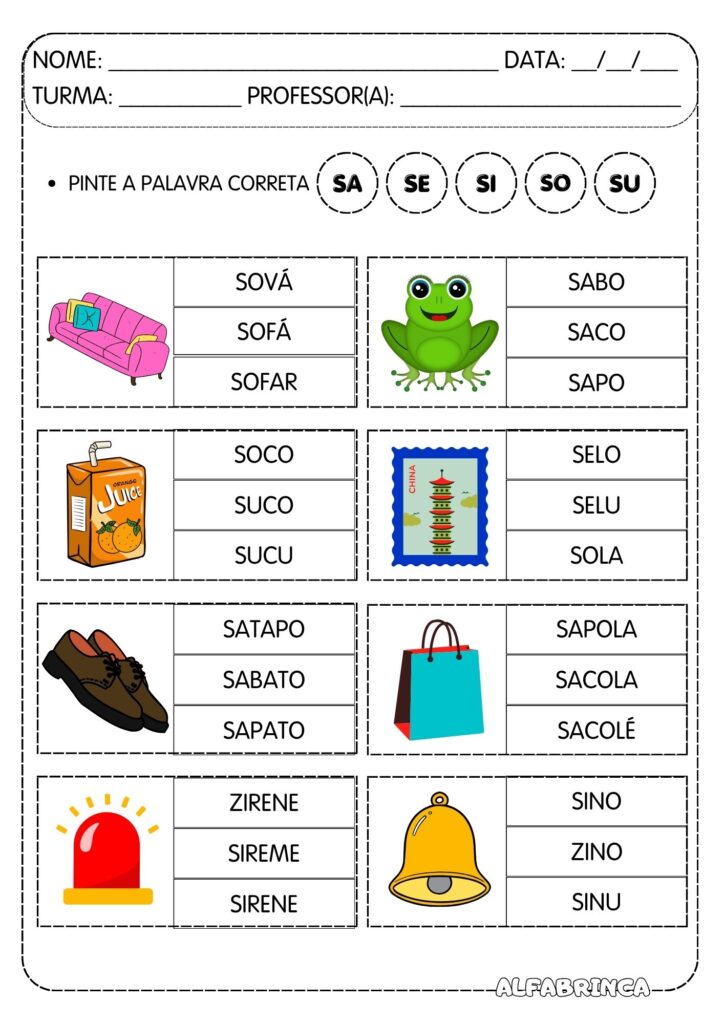 Atividades Sa Se Si So Su - Atividades prontas para imprimir - Família silábica simples - Letra S