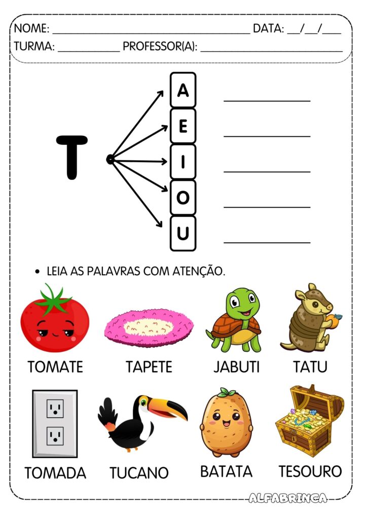 Família silábica Letra T - Ta Te Ti To Tu - Atividades prontas para imprimir