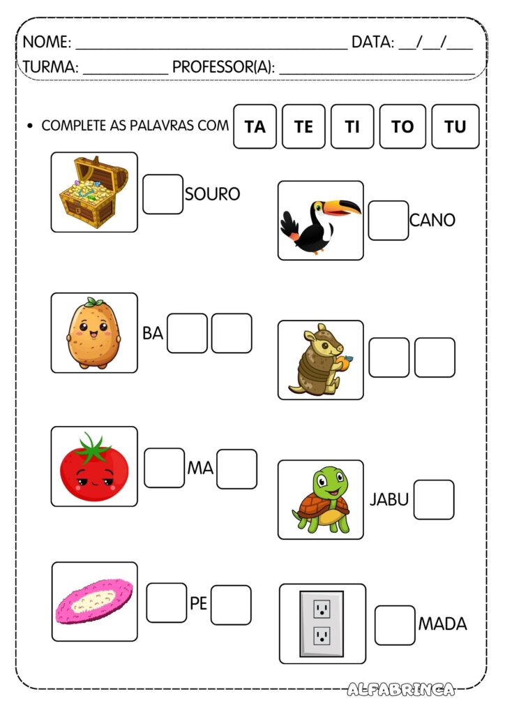 Família silábica Letra T - Ta Te Ti To Tu - Atividades prontas para imprimir