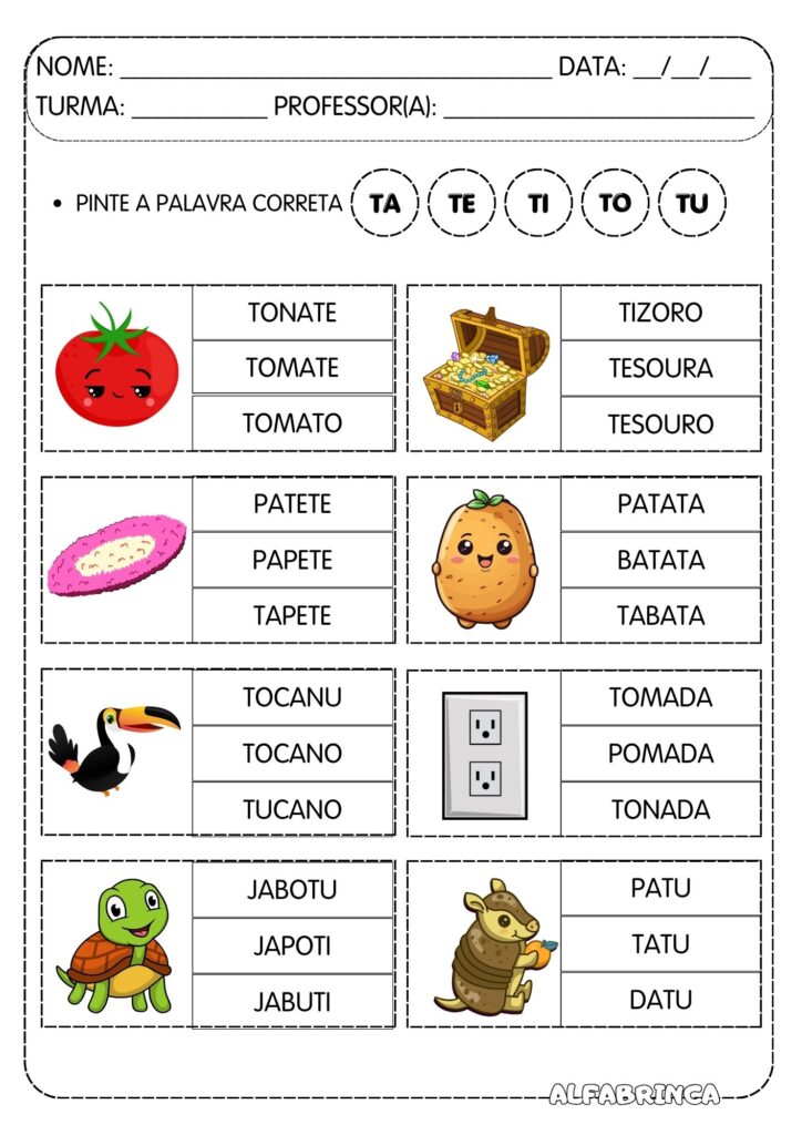 Família silábica Letra T - Ta Te Ti To Tu - Atividades prontas para imprimir