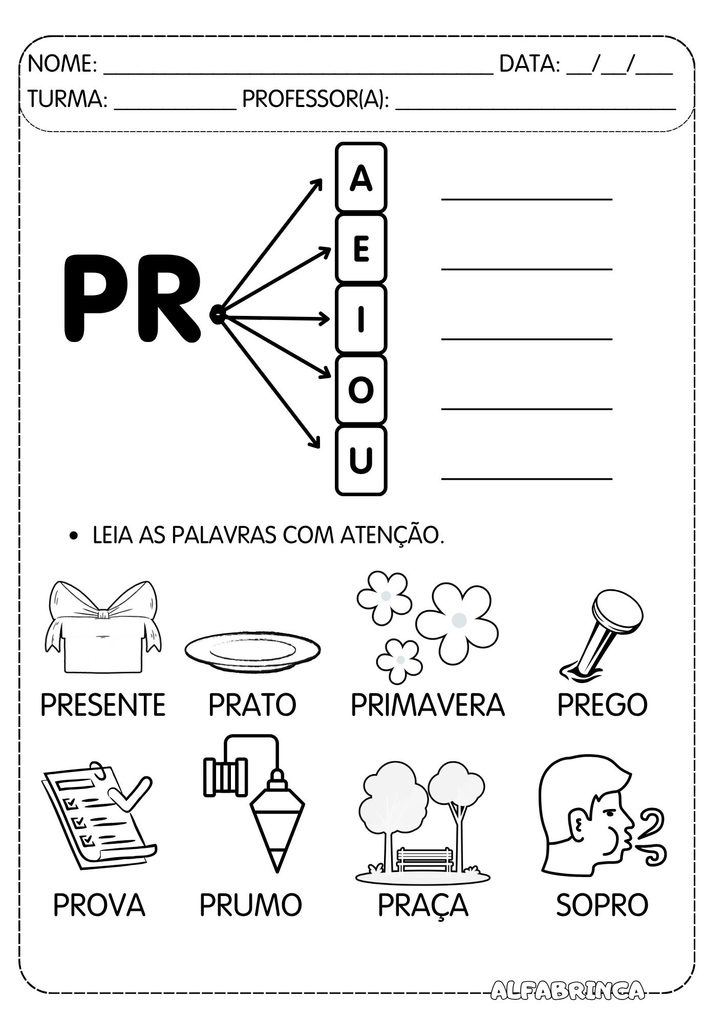 Atividades com PR para alfabetização com PRA, PRE, PRI, PRO e PRU para imprimir.