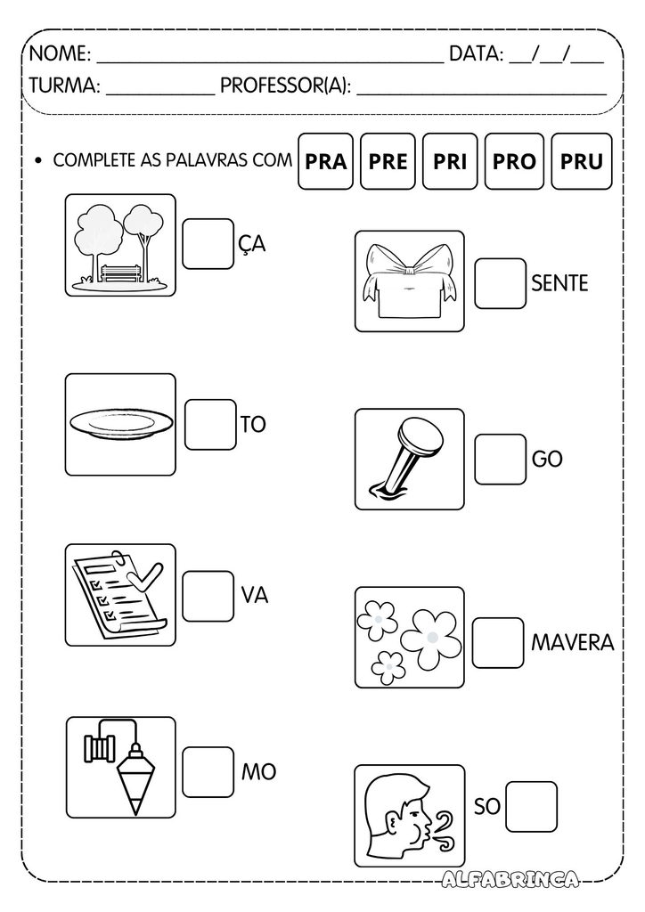 Atividades com PR para alfabetização com PRA, PRE, PRI, PRO e PRU para imprimir.