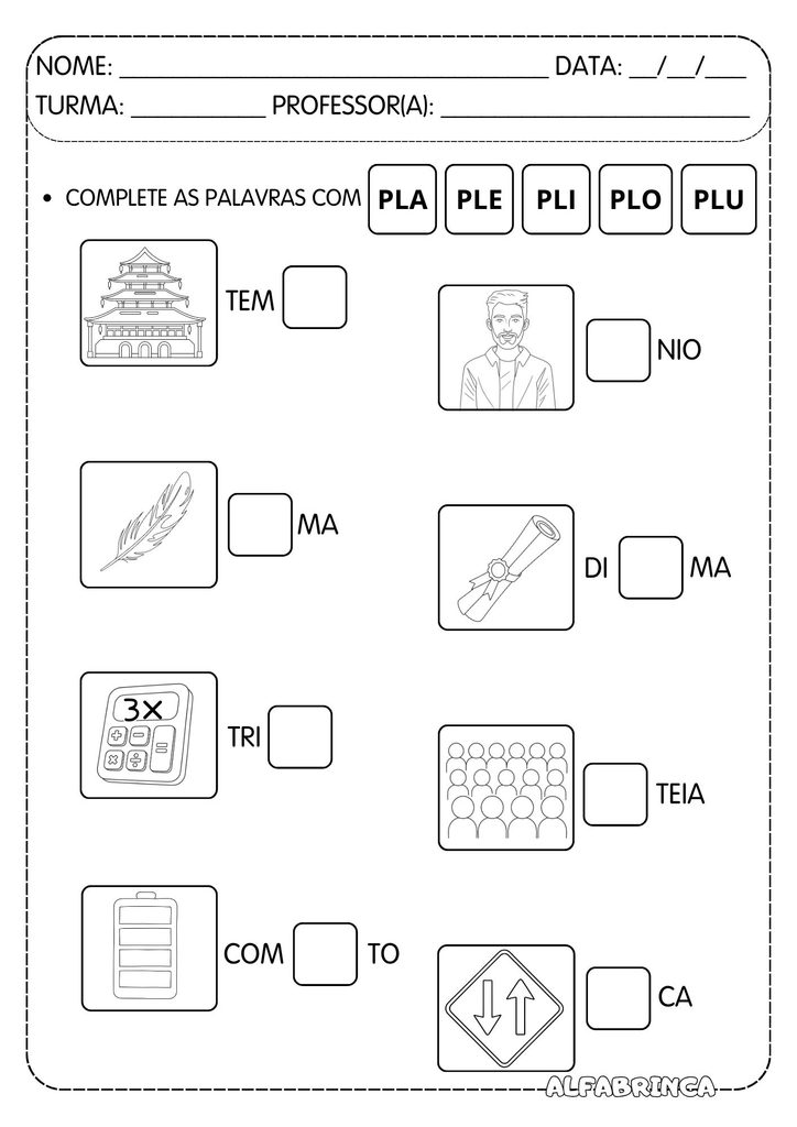 Atividades com PL para alfabetização com PLA, PLE, PLI, PLO e PLU para imprimir gratuitamente.