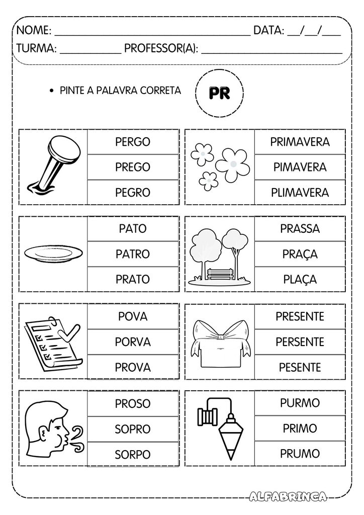 Atividades com PR para alfabetização com PRA, PRE, PRI, PRO e PRU para imprimir.