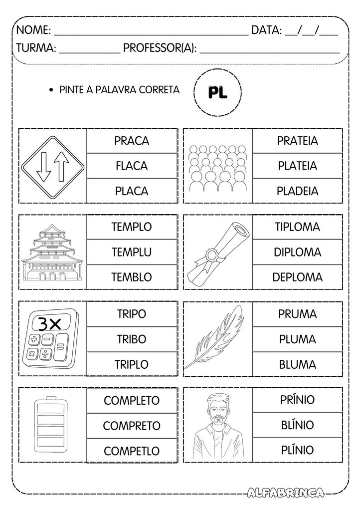 Atividades com PL para alfabetização com PLA, PLE, PLI, PLO e PLU para imprimir gratuitamente.