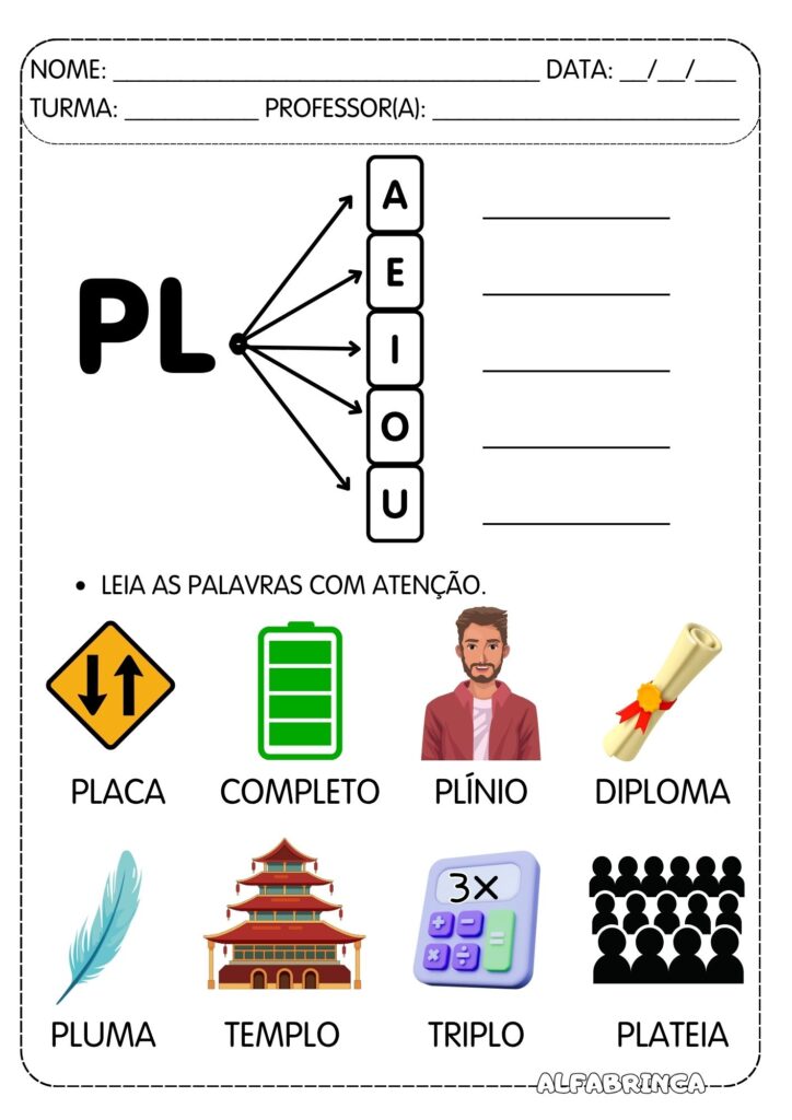 Sílabas complexas PL - Atividades para imprimir - Alfabetização