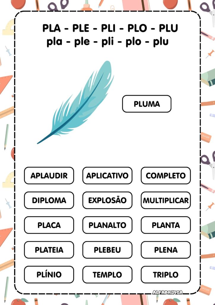 Sílabas complexas PL - Atividades para imprimir - Alfabetização
