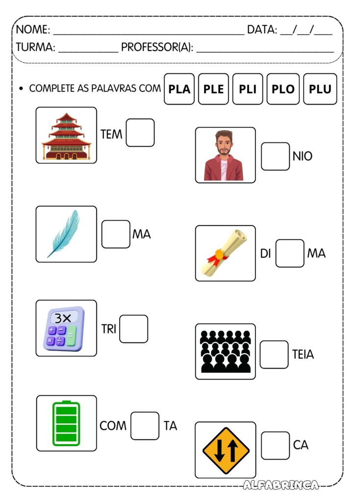 Sílabas complexas PL - Atividades para imprimir - Alfabetização