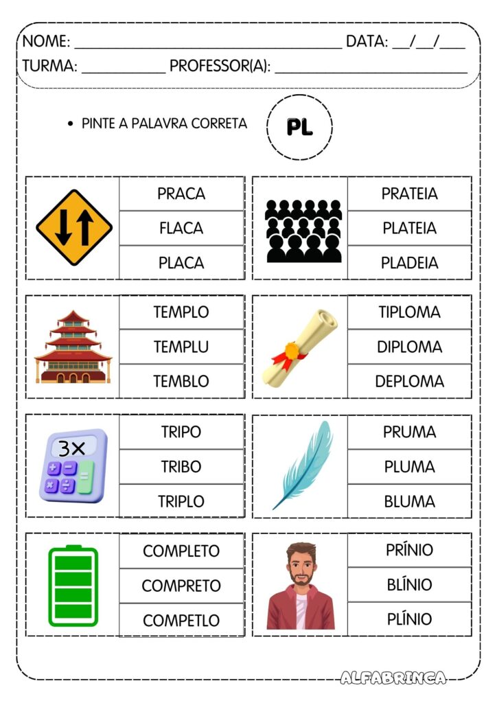 Sílabas complexas PL - Atividades para imprimir - Alfabetização