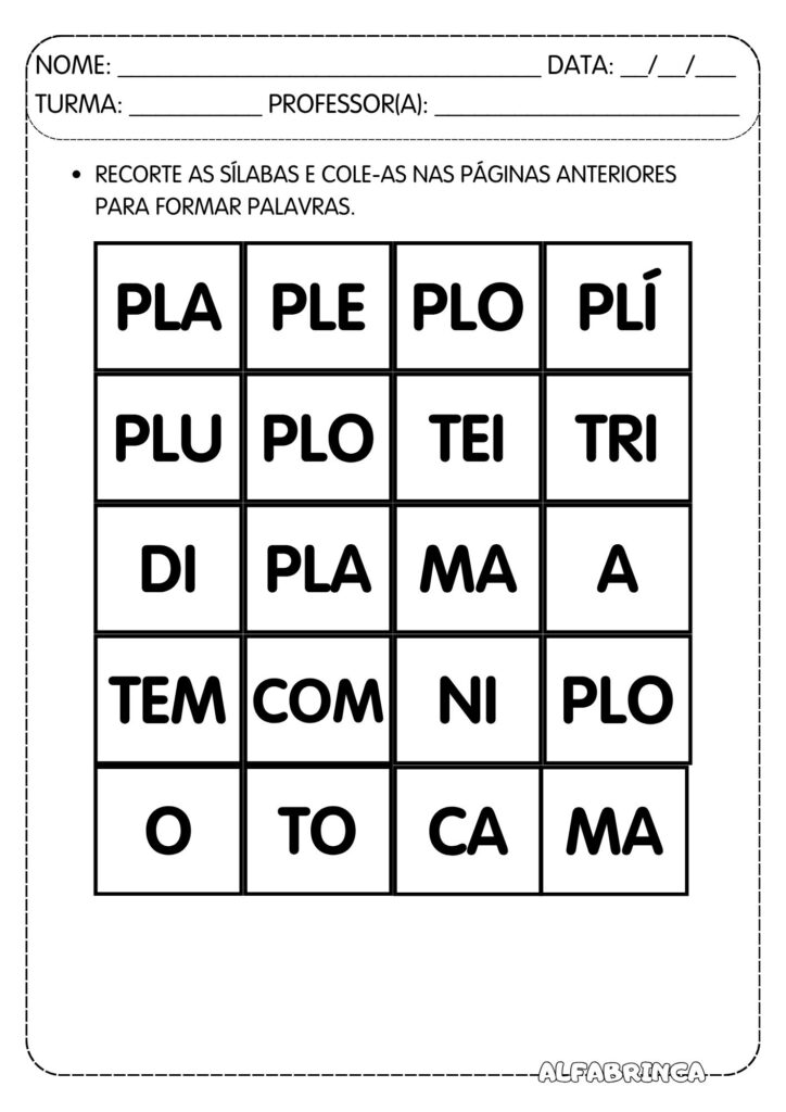 Sílabas complexas PL - Atividades para imprimir - Alfabetização