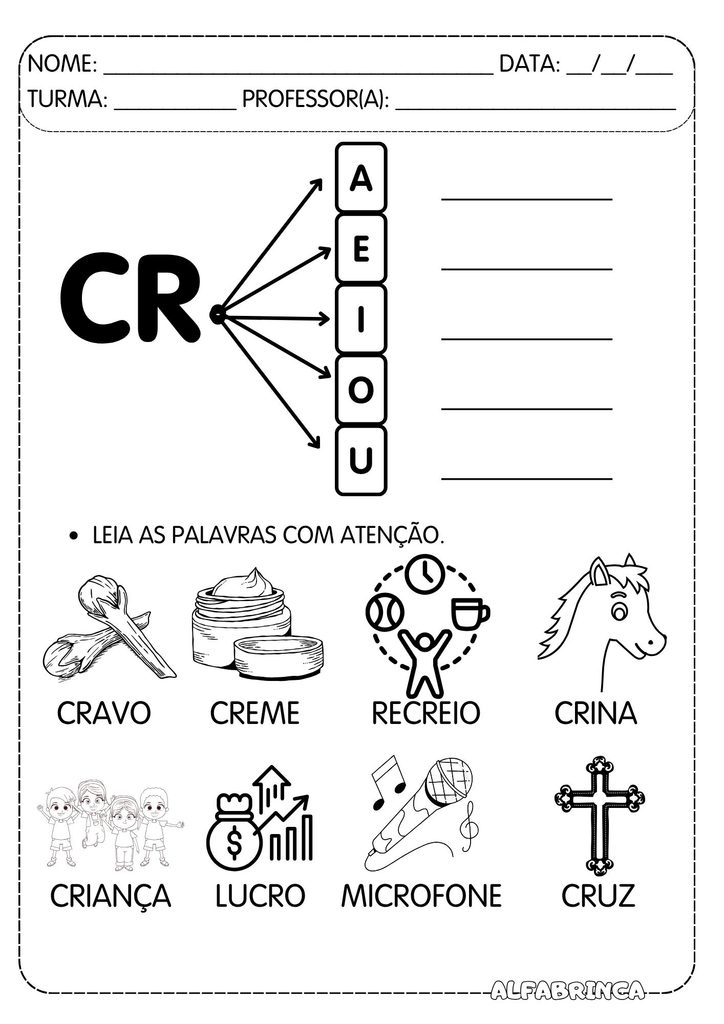 Atividades com CR para alfabetização grátis para imprimir com CRA, CRE, CRI, CRO e CRU