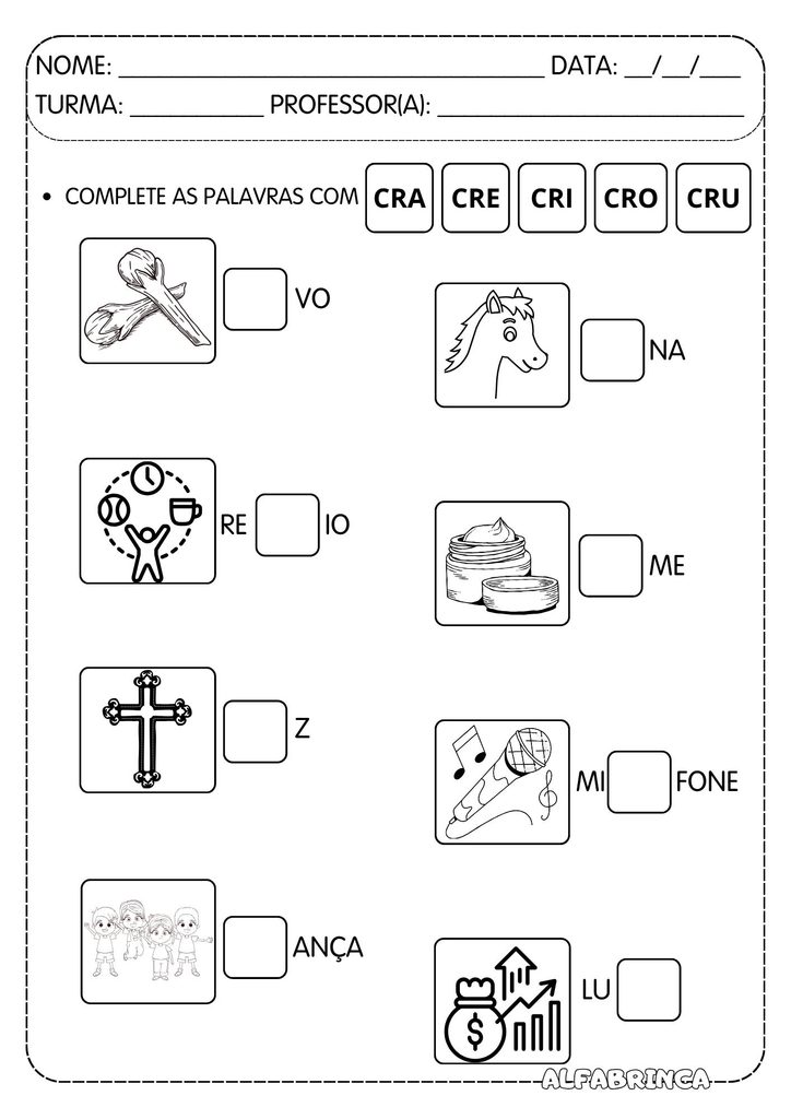 Atividades com CR para alfabetização grátis para imprimir com CRA, CRE, CRI, CRO e CRU