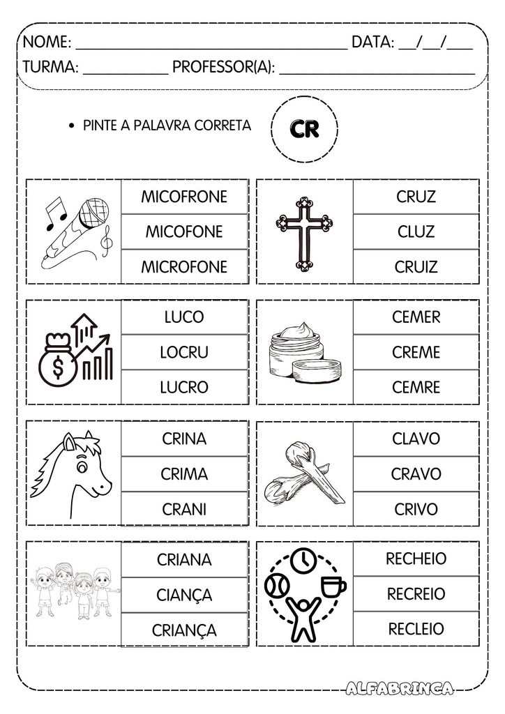 Atividades com CR para alfabetização grátis para imprimir com CRA, CRE, CRI, CRO e CRU