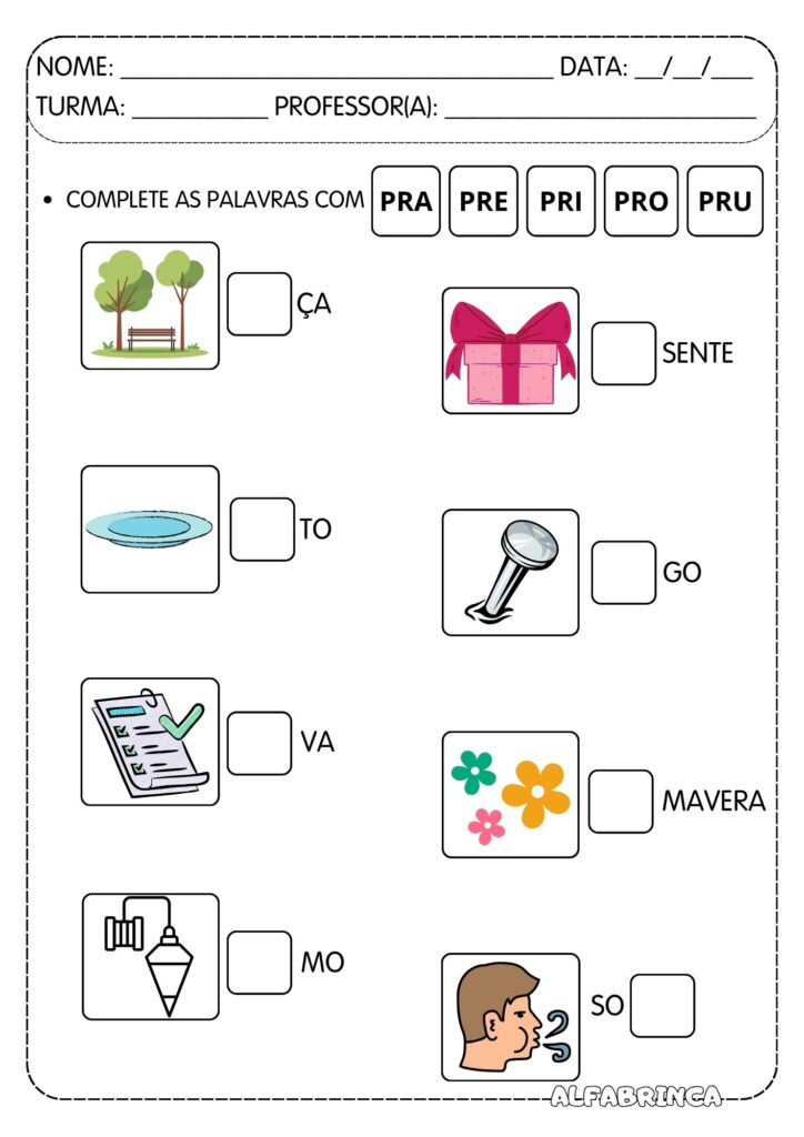Atividades para trabalhar sílabas complexas - PR - Prontas para imprimir - Reforço escolar - Alfabetização infantil