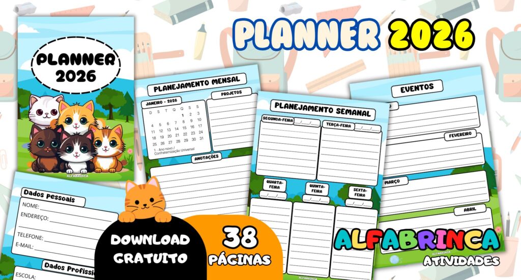 Planner 2026 gratuito - Tema: gato