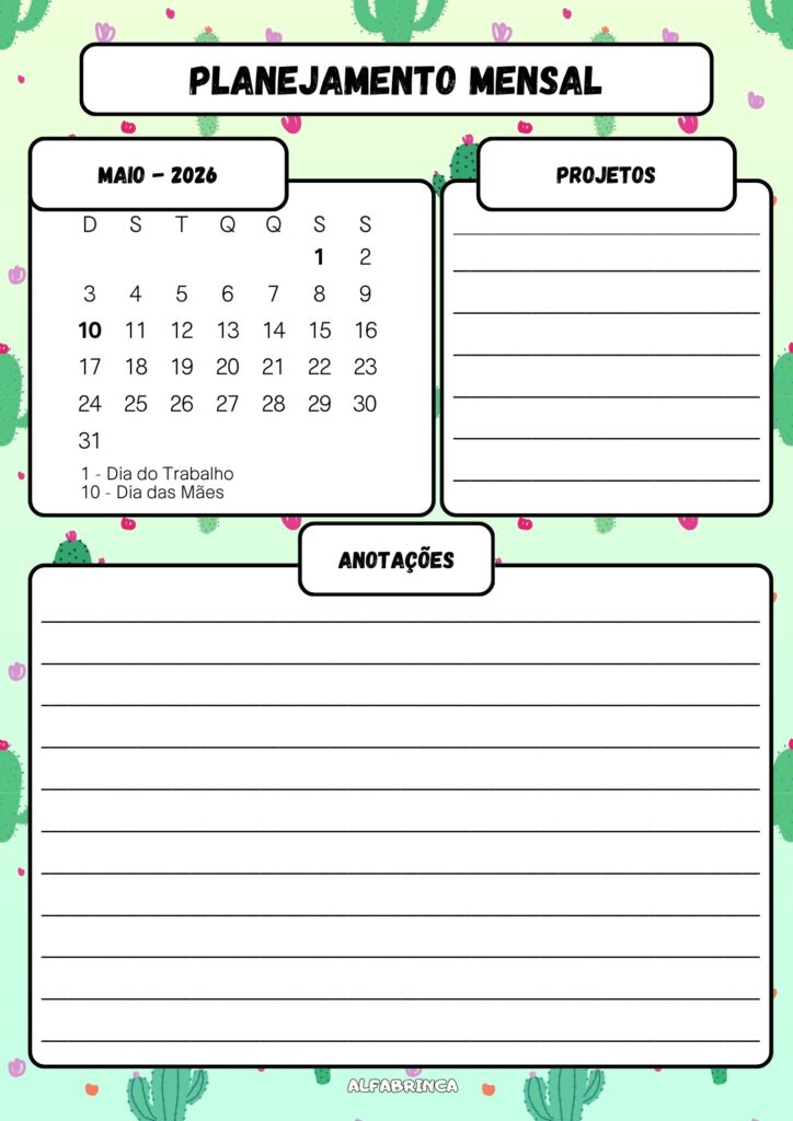 Planner 2026 - Tema: Cactos - Alfabrinca