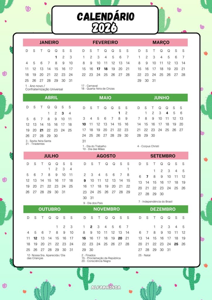 Planner 2026 - Tema: Cactos - Alfabrinca