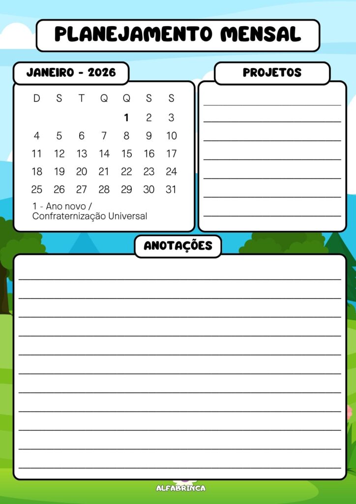 Planner 2026 gratuito - Tema: gato - Alfabrinca