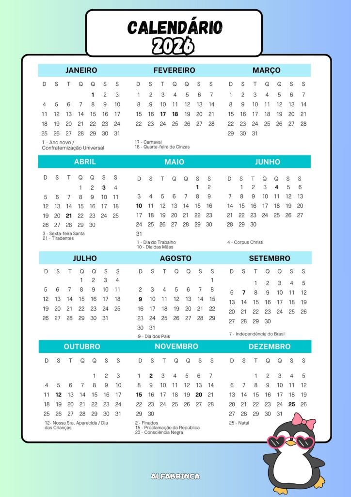 Planner 2026 - Pinguim - Arquivo pdf - Pronto para imprimir - Gratuito - Alfabrinca
