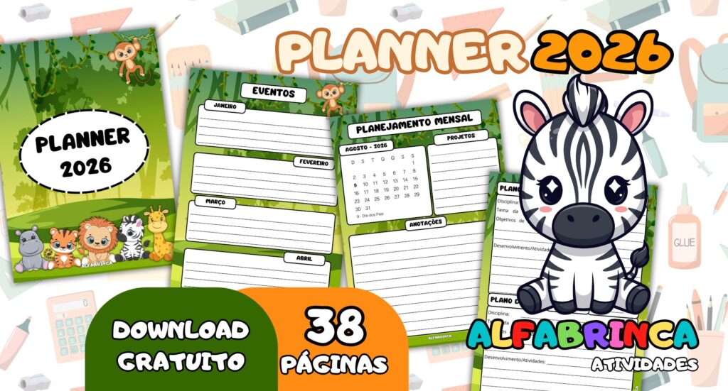 Planner 2026 - Animais baby - Download gratuito - Alfabrinca