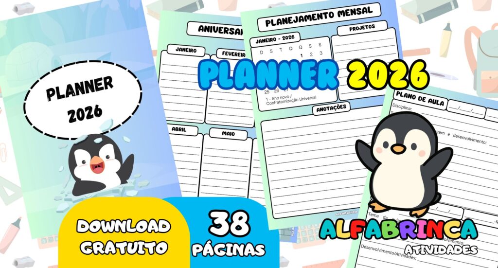 Planner 2026 - Pinguim - Arquivo pdf - Pronto para imprimir - Gratuito