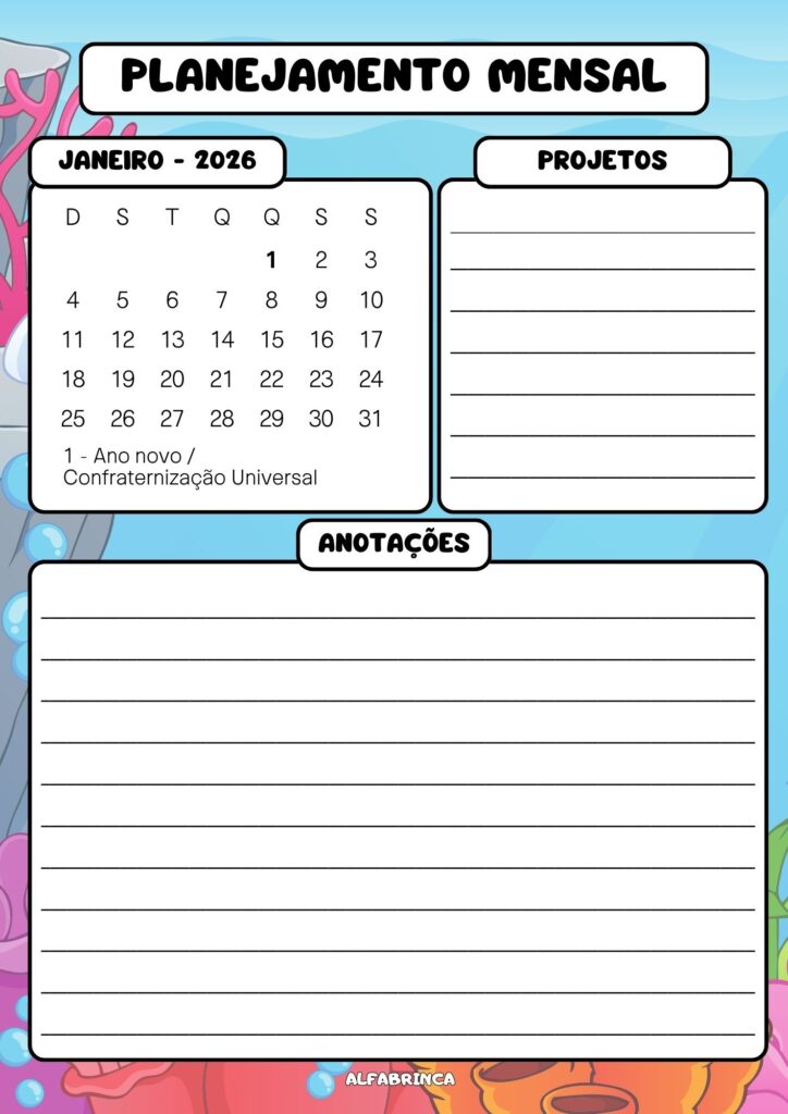 Planner 2026 - Fundo do Mar - Pronto para imprimir - Download gratuito
