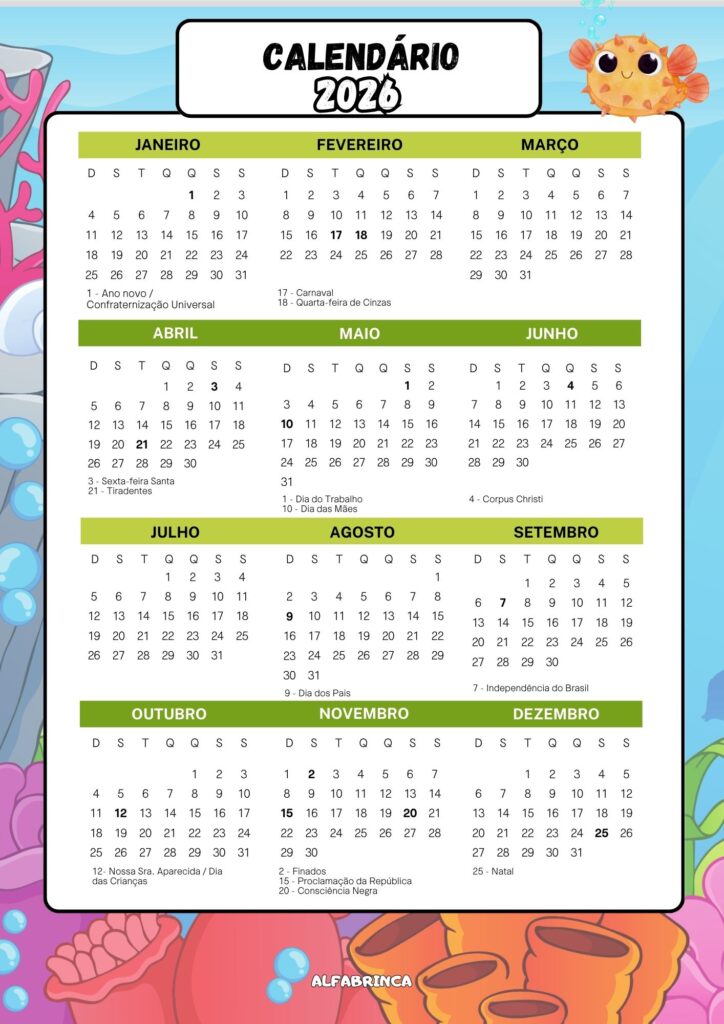 Planner 2026 - Fundo do Mar - Pronto para imprimir - Download gratuito