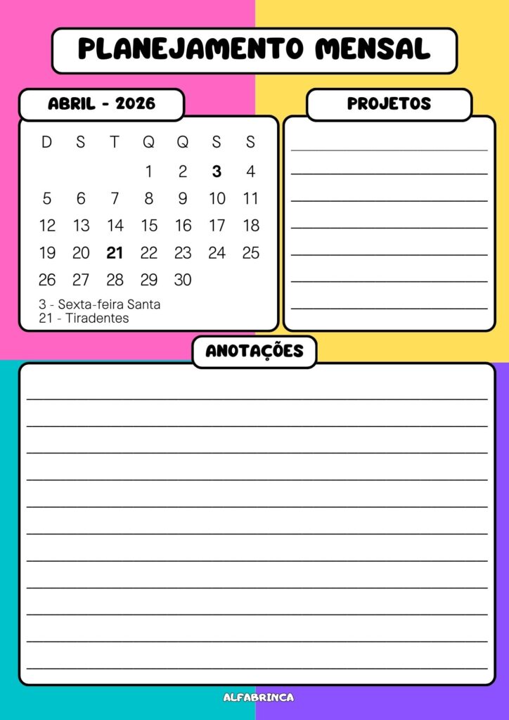 Agenda escolar 2026 - Alfabrinca - Arquivo pronto para imprimir - Download gratuito