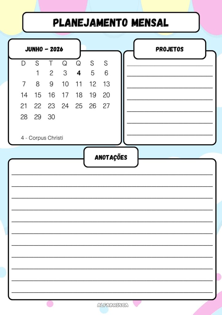 Planner 2026 - Chuva de Amor - Download gratuito - Alfabrinca