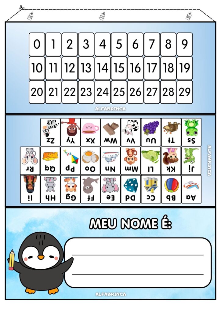 Crachá de Mesa – Tema: Pinguim – Download gratuito no site Alfabrinca - nome, alfabeto ilustrado maiúsculo e minúsculo, sequência numérica.