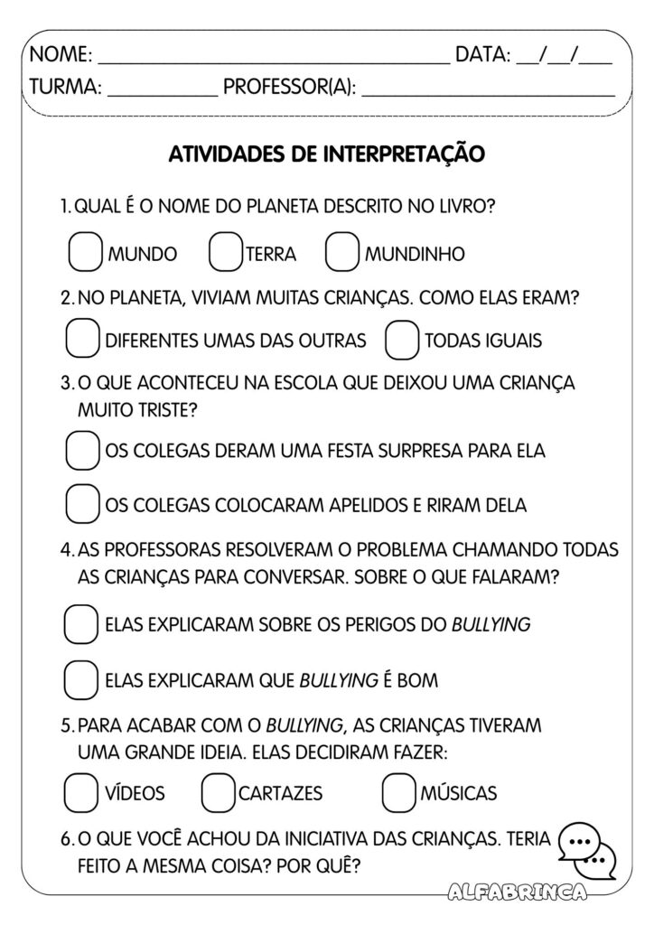 Sequência didática - Livro: O Mundinho sem Bullying - Atividades de interpretação e alfabetização