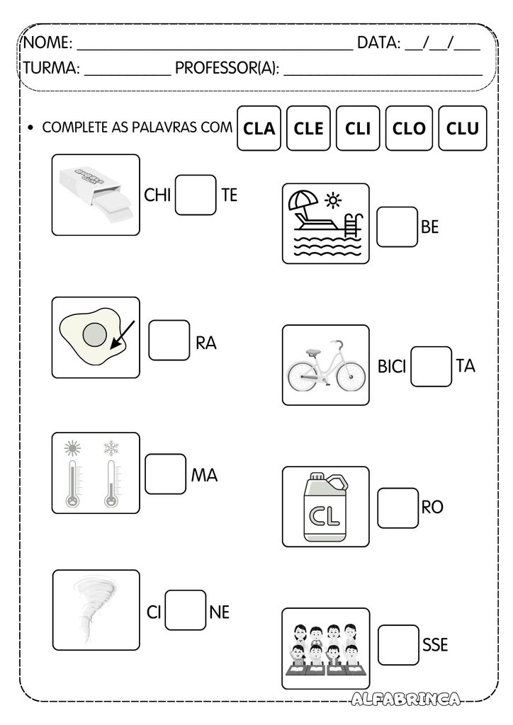 Atividades com encontro consonantal CL para alfabetização – CLA CLE CLI CLO CLU