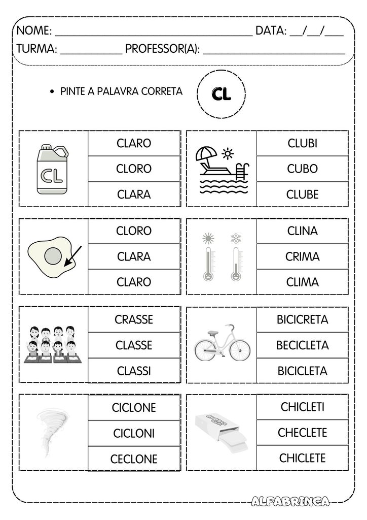 Atividades com encontro consonantal CL para alfabetização – CLA CLE CLI CLO CLU