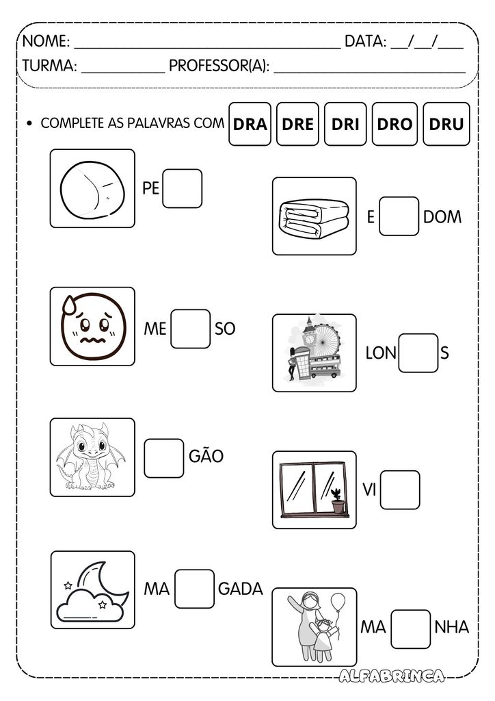 Atividades com DR para alfabetização – DRA DRE DRI DRO DRU