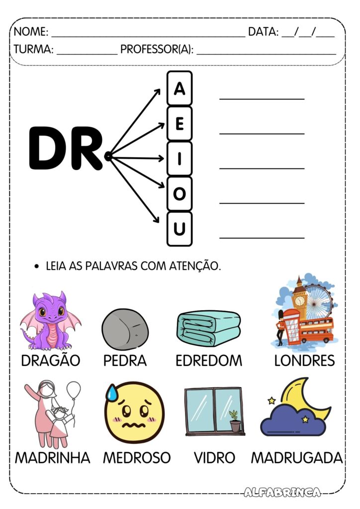 Atividades com DR para Alfabetização | Leitura + Escrita + Caça-palavras + Ditado + Ficha de leitura | Pronto para imprimir
