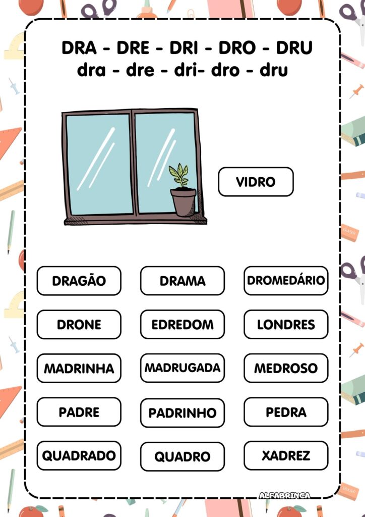 Atividades com DR para Alfabetização | Leitura + Escrita + Caça-palavras + Ditado + Ficha de leitura | Pronto para imprimir