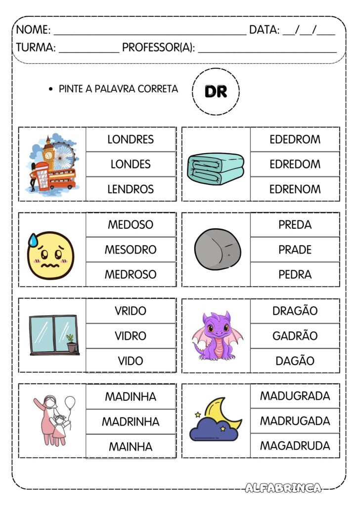 Atividades com DR para Alfabetização | Leitura + Escrita + Caça-palavras + Ditado + Ficha de leitura | Pronto para imprimir