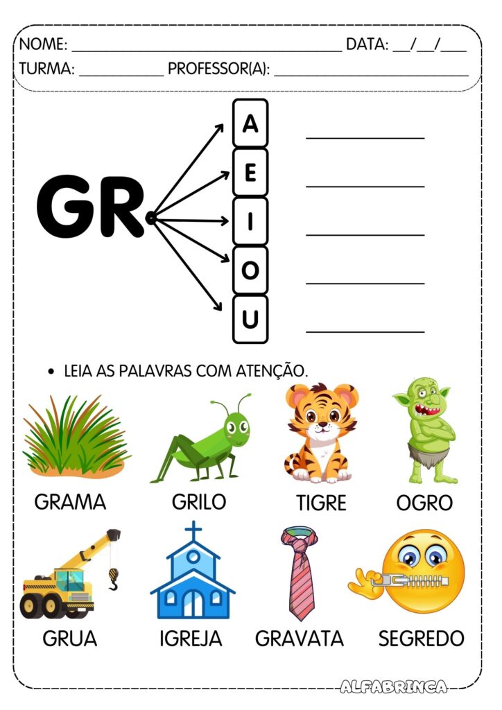 Atividades com GR para Alfabetização  Leitura + atividades + ficha de leitura prontas para Imprimir - Alfabrinca