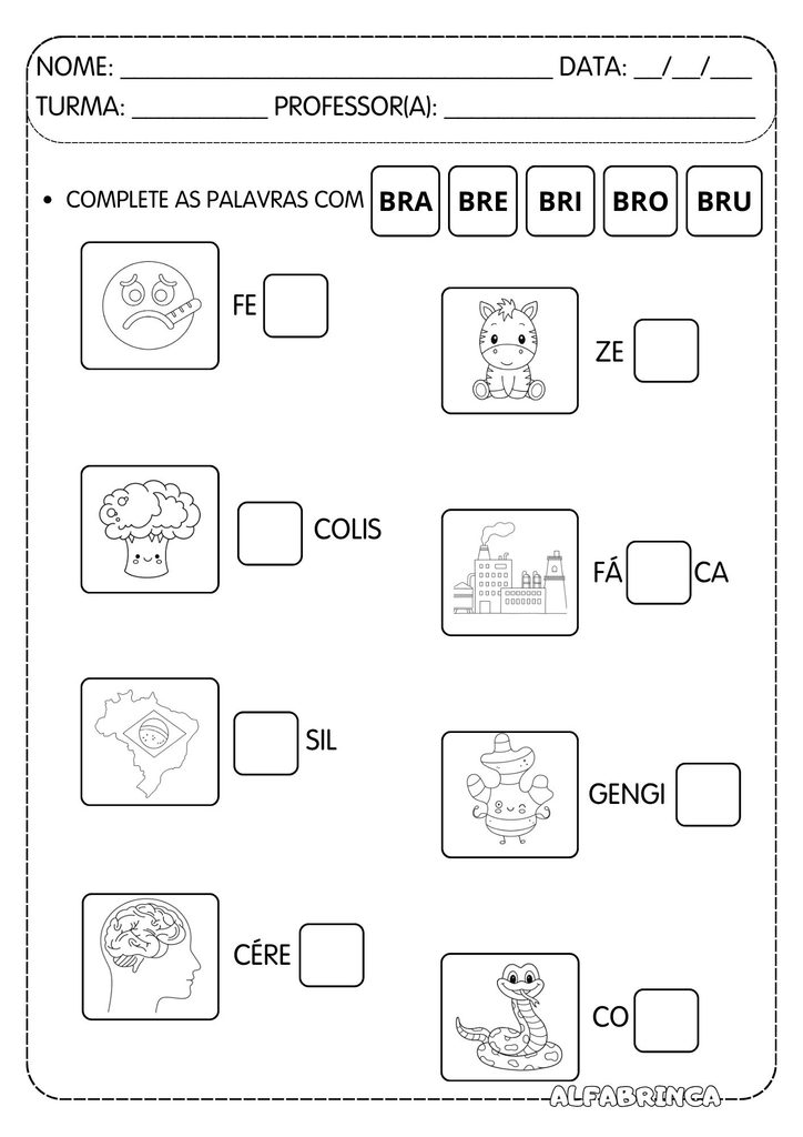 Atividades com BR para alfabetização grátis para imprimir com BRA, BRE, BRI, BRO e BRU