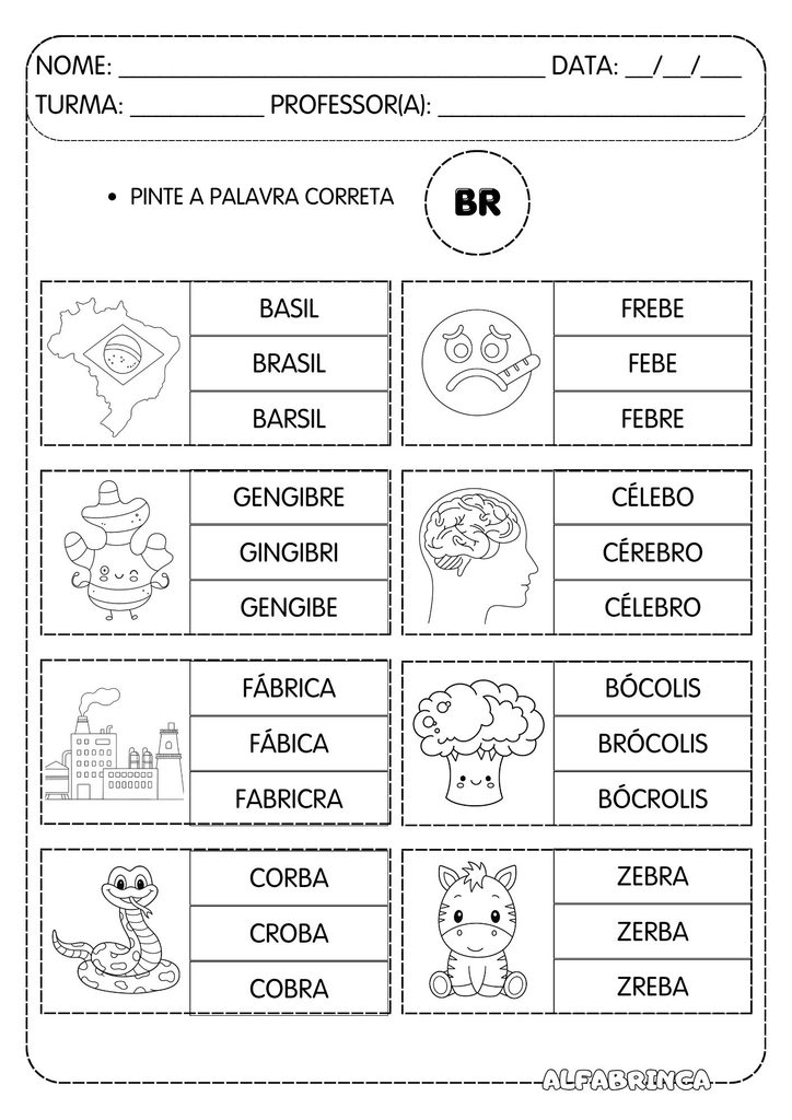 Atividades com BR para alfabetização grátis para imprimir com BRA, BRE, BRI, BRO e BRU
