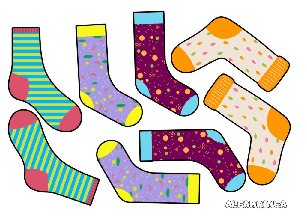 Encontre os pares de meia - Atividade de pareamento pronta para imprimir - Alfabrinca