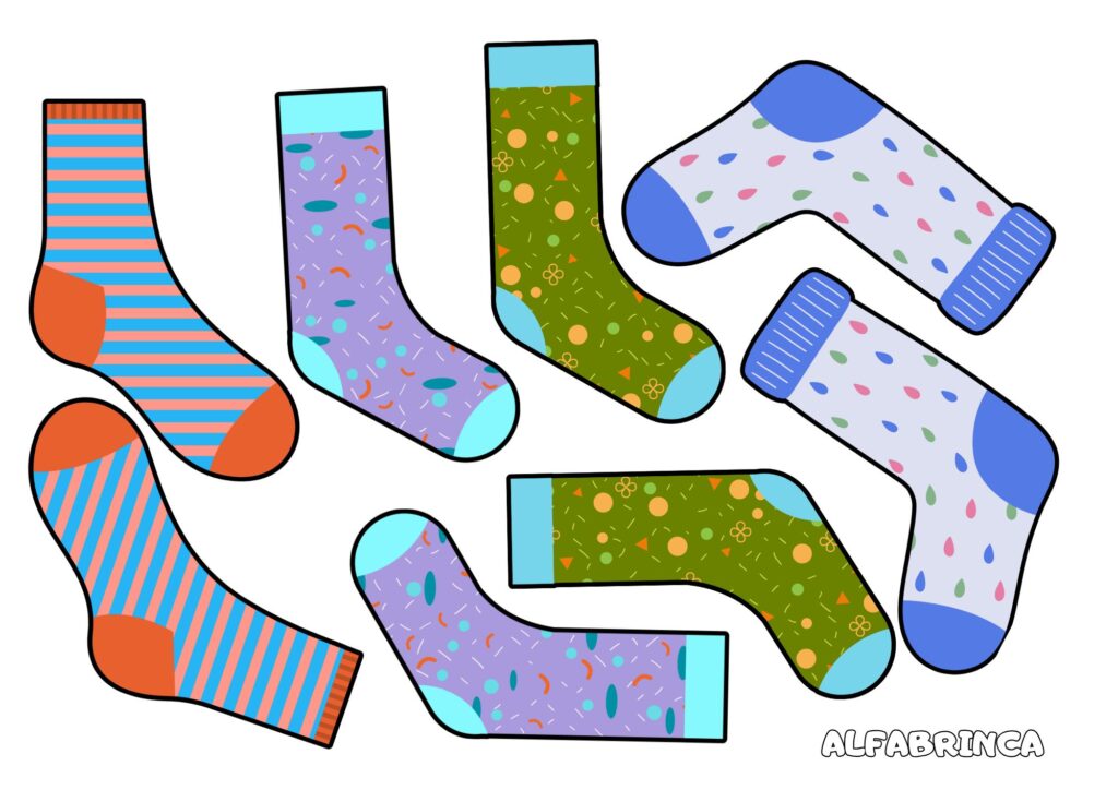 Encontre os pares de meia - Atividade de pareamento pronta para imprimir - Alfabrinca