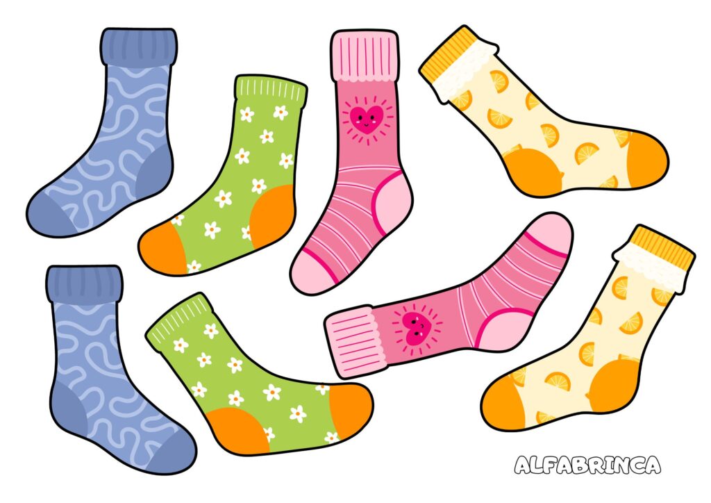 Encontre os pares de meia - Atividade de pareamento pronta para imprimir - Alfabrinca